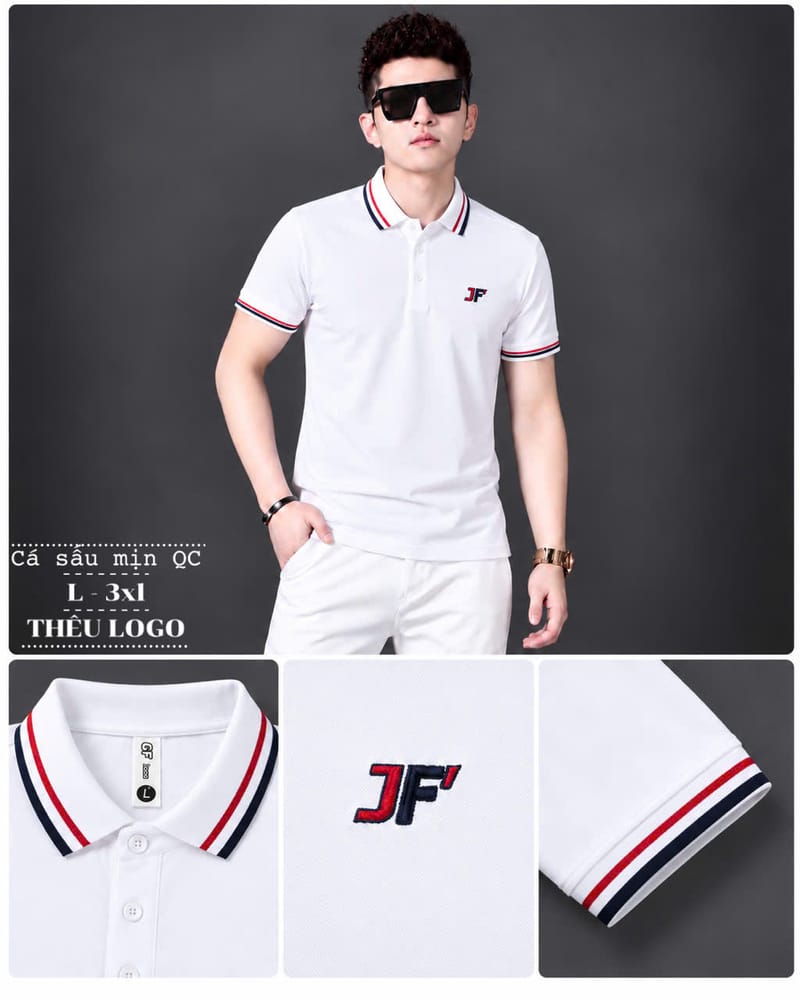 Áo Cổ Trụ Logo JF Bo Kẻ – Trắng