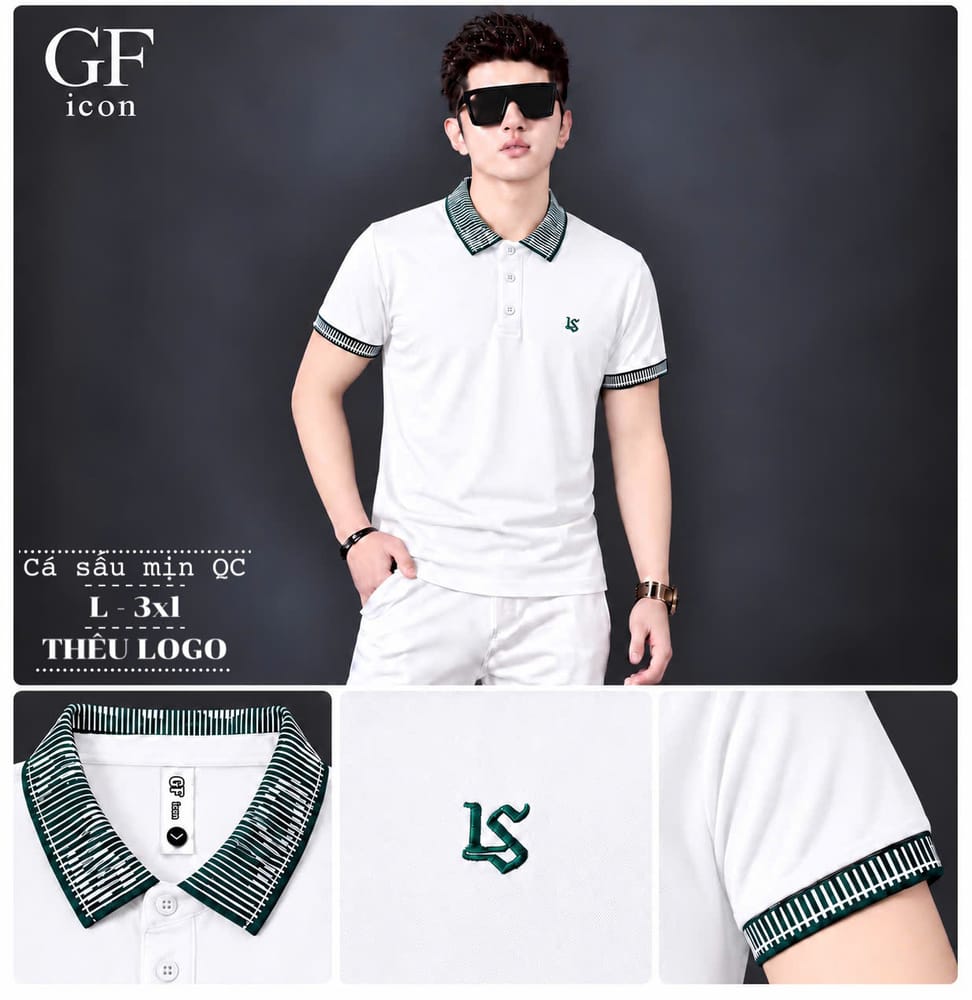 Áo Cổ Trụ Logo LS Bo Dệt Xanh – Trắng