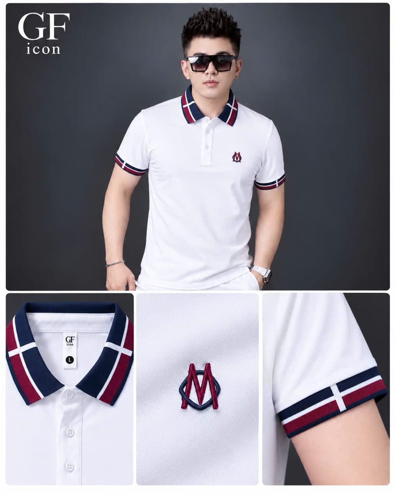 Áo Cổ Trụ Logo M Cổ Kẻ – Trắng