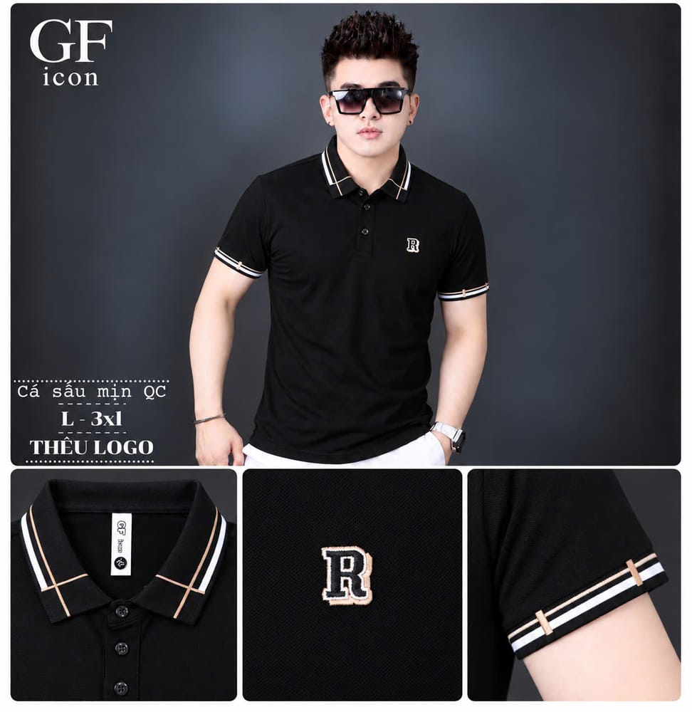Áo Cổ Trụ Logo R Thêu – Đen