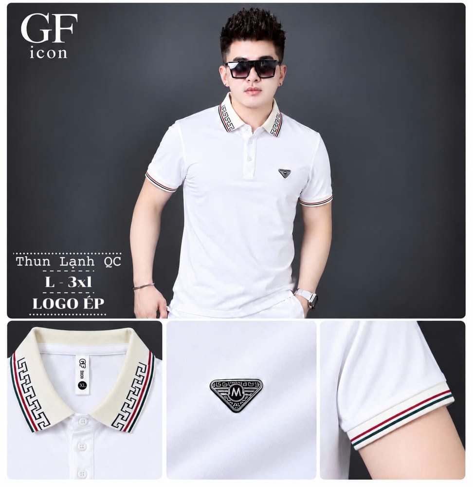Áo Cổ Trụ Logo Tam Giác Cổ Hoạ Tiết – Trắng