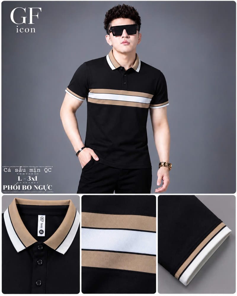 Áo Cổ Trụ Phối Bo Ngực Be – Đen