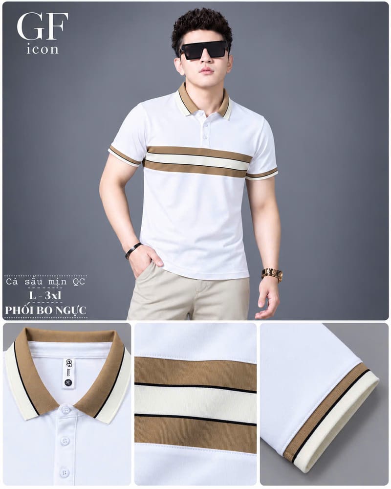 Áo Cổ Trụ Phối Bo Ngực Be – Trắng