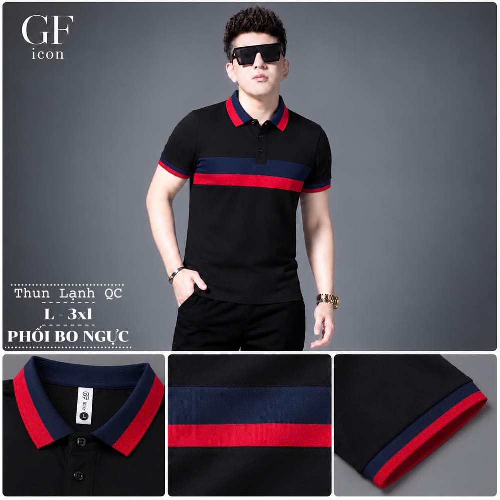 Áo Cổ Trụ Phối Bo Ngực Đỏ Navy – Đen