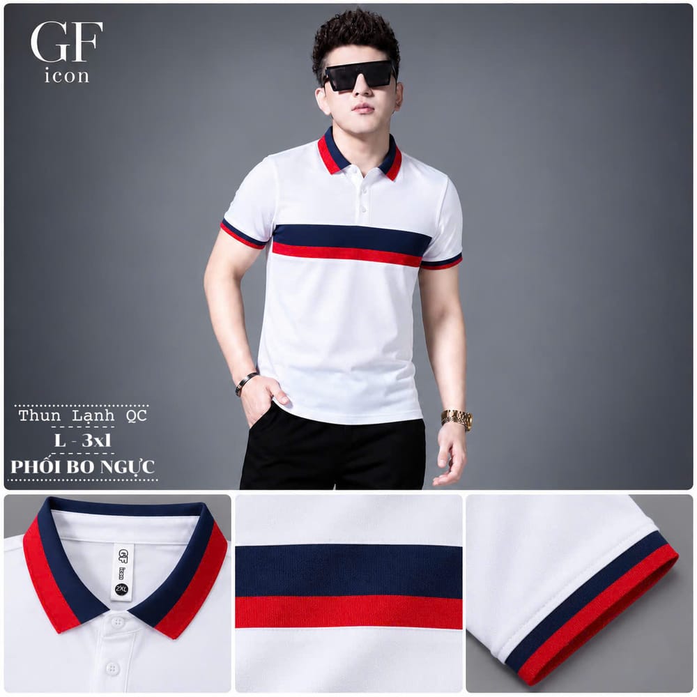 Áo Cổ Trụ Phối Bo Ngực Đỏ Navy – Trắng