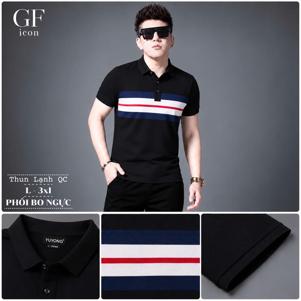 Áo Cổ Trụ Phối Bo Ngực Sọc Navy – Đen