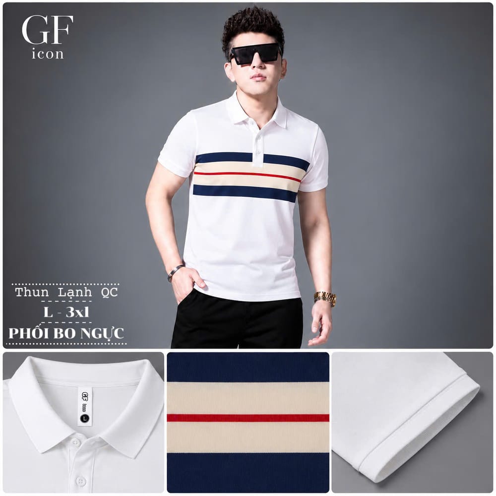 Áo Cổ Trụ Phối Bo Ngực Sọc Navy – Trắng