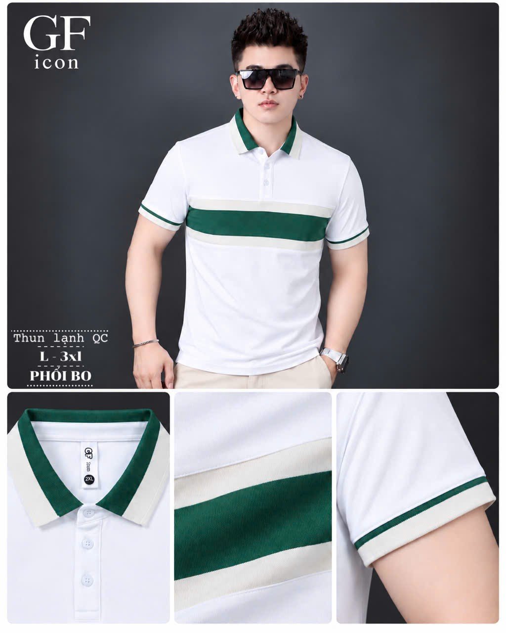 Áo Cổ Trụ Phối Bo Ngực Xanh Lá – Trắng – Trắng