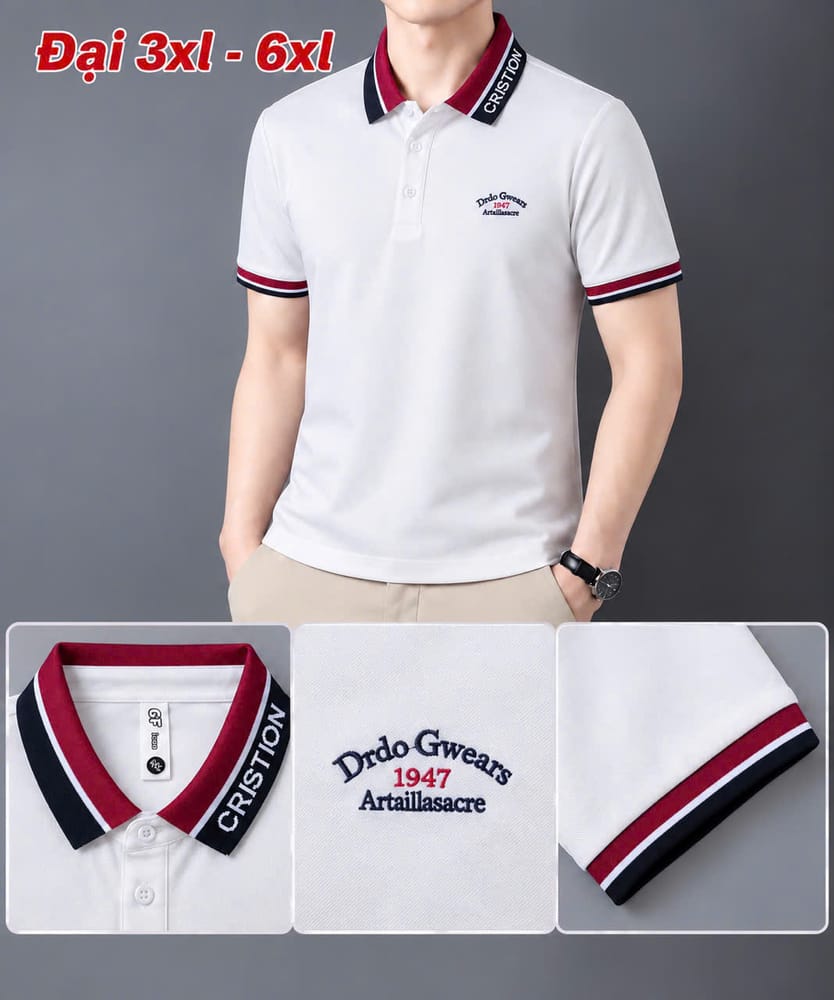 Áo Cổ Trụ Size Đại Thêu Chữ 1947 – Trắng