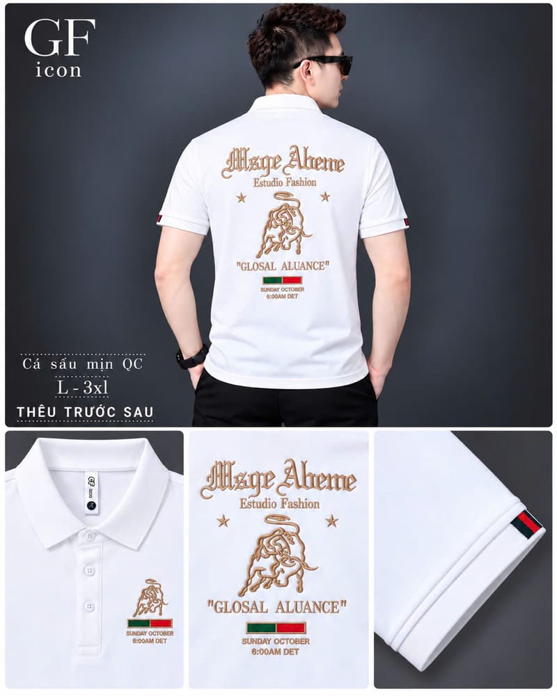 Áo Cổ Trụ Thêu Trước Sau Bò Tót – Trắng